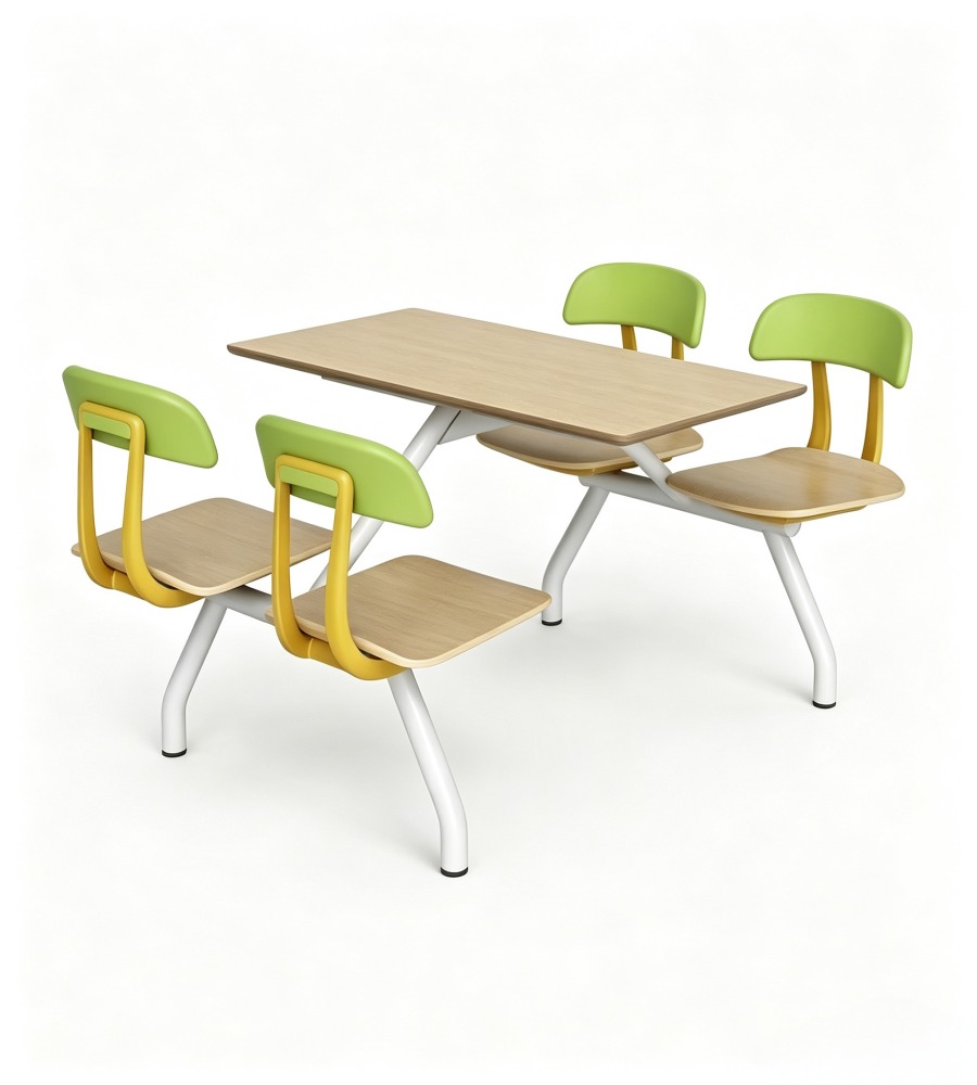 現代簡約木紋綠色PU皮四人位固定學校餐枱 Modern 4-Seater School Canteen Dining Table
