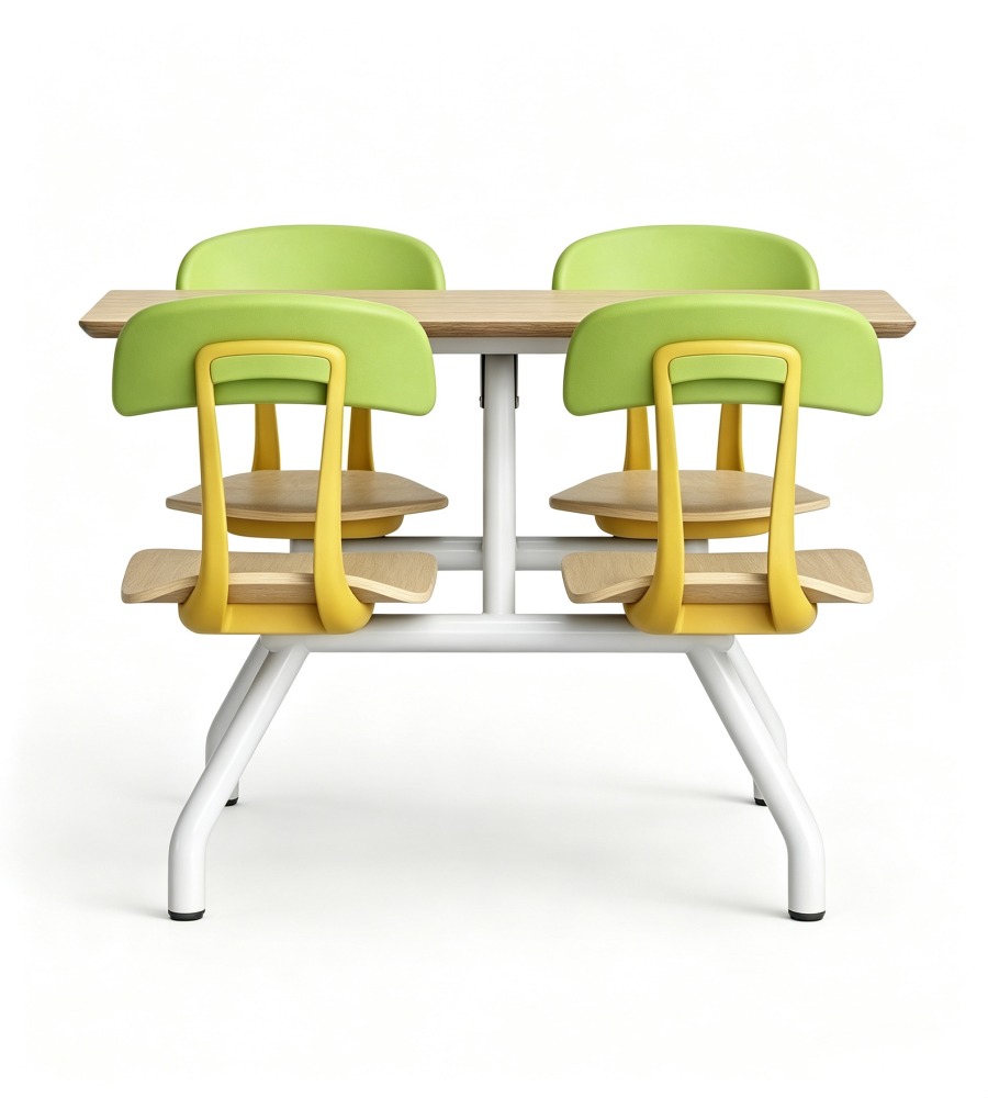 現代簡約木紋綠色PU皮四人位固定學校餐枱 Modern 4-Seater School Canteen Dining Table