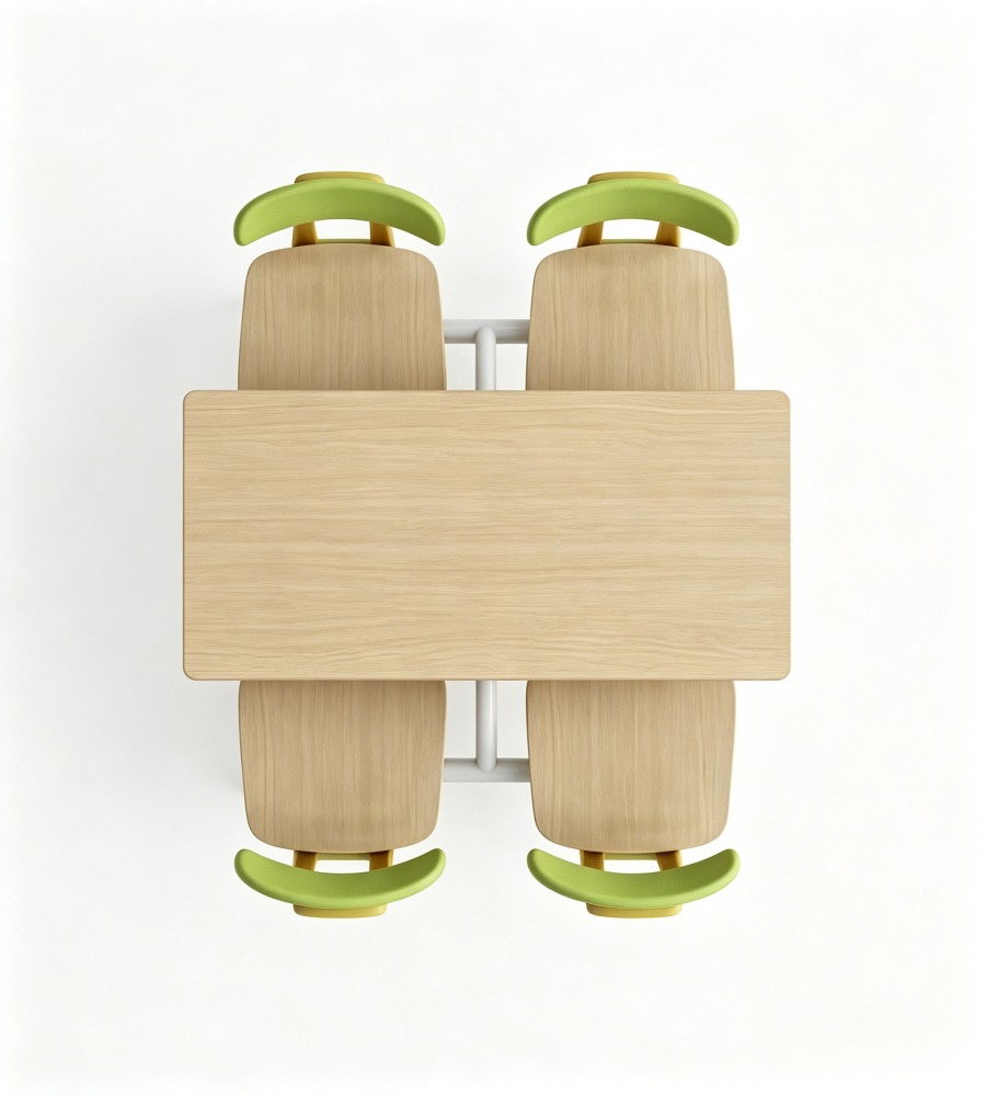 現代簡約木紋綠色PU皮四人位固定學校餐枱 Modern 4-Seater School Canteen Dining Table