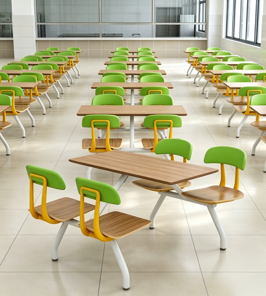 現代簡約木紋綠色PU皮四人位固定學校餐枱 Modern 4-Seater School Canteen Dining Table