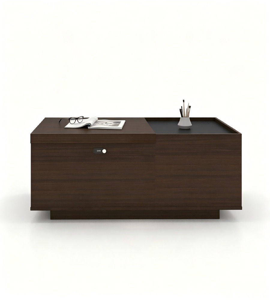 商務胡桃木色木紋帶儲物長方形茶几 Business Walnut Wood Grain Rectangular Storage Coffee Table