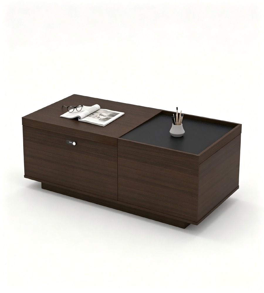 商務胡桃木色木紋帶儲物長方形茶几 Business Walnut Wood Grain Rectangular Storage Coffee Table