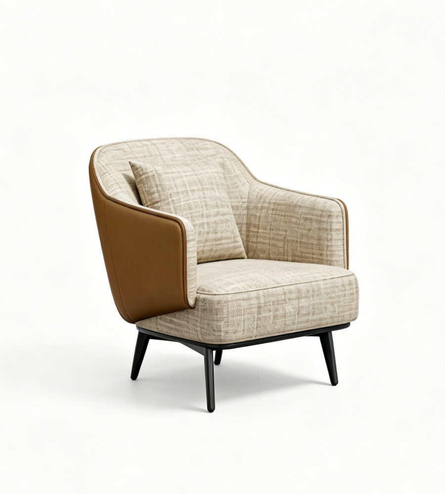 現代輕奢啡色西皮拼布藝帶扶手單座位梳化 Modern Light Luxury Brown Faux Leather and Fabric Single Seater Sofa