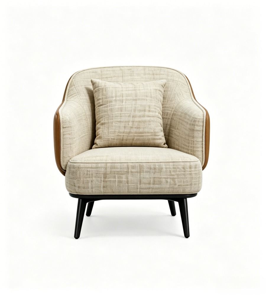 現代輕奢啡色西皮拼布藝帶扶手單座位梳化 Modern Light Luxury Brown Faux Leather and Fabric Single Seater Sofa
