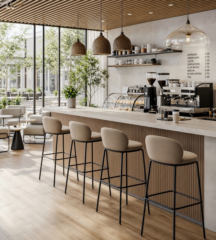 現代簡約淺啡色布藝弧形低背高腳椅 Modern Minimalist Light Brown Fabric Curved Low Back Bar Stool