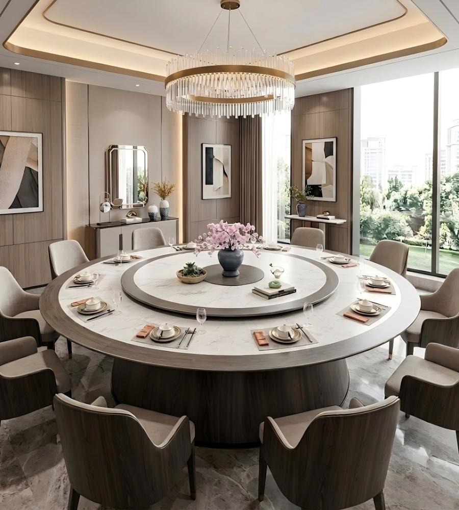 現代極簡啞光木質電動圓檯 Modern Minimalist Matte-Finish Electric Dining Table