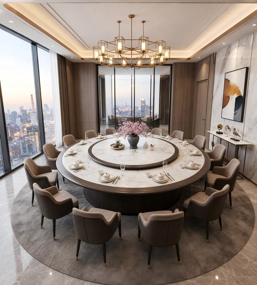 現代極簡啞光木質電動圓檯 Modern Minimalist Matte-Finish Electric Dining Table