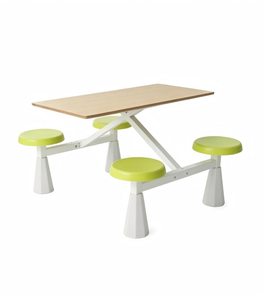 簡約學校飯堂淺木色配綠色PU皮鋼架四人位連體餐枱 School Dining Table Set
