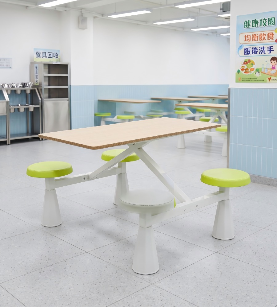 簡約學校飯堂淺木色配綠色PU皮鋼架四人位連體餐枱 School Dining Table Set