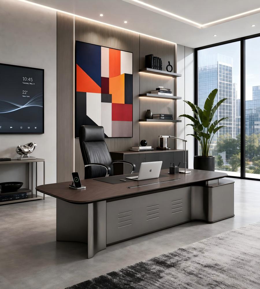 商務胡桃木配鐵灰L形帶線盒老闆枱 Business Walnut and Iron Grey L-Shaped Boss Desk