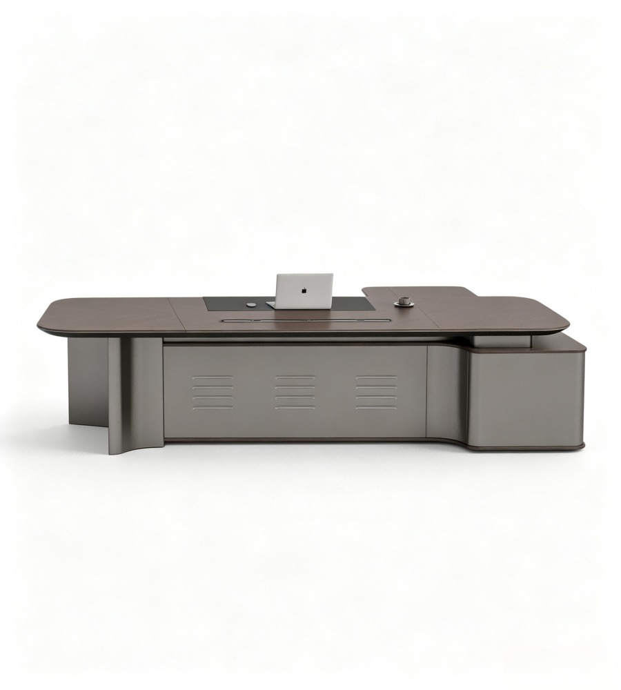 商務胡桃木配鐵灰L形帶線盒老闆枱 Business Walnut and Iron Grey L-Shaped Boss Desk