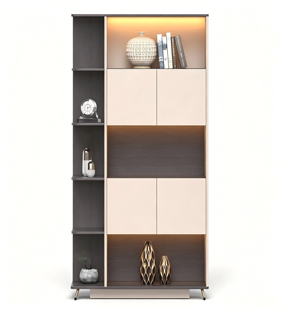 現代輕奢胡桃木色拼卡其灰高身掩門儲物櫃 Modern Luxury Walnut and Khaki Grey Tall Storage Cabinet