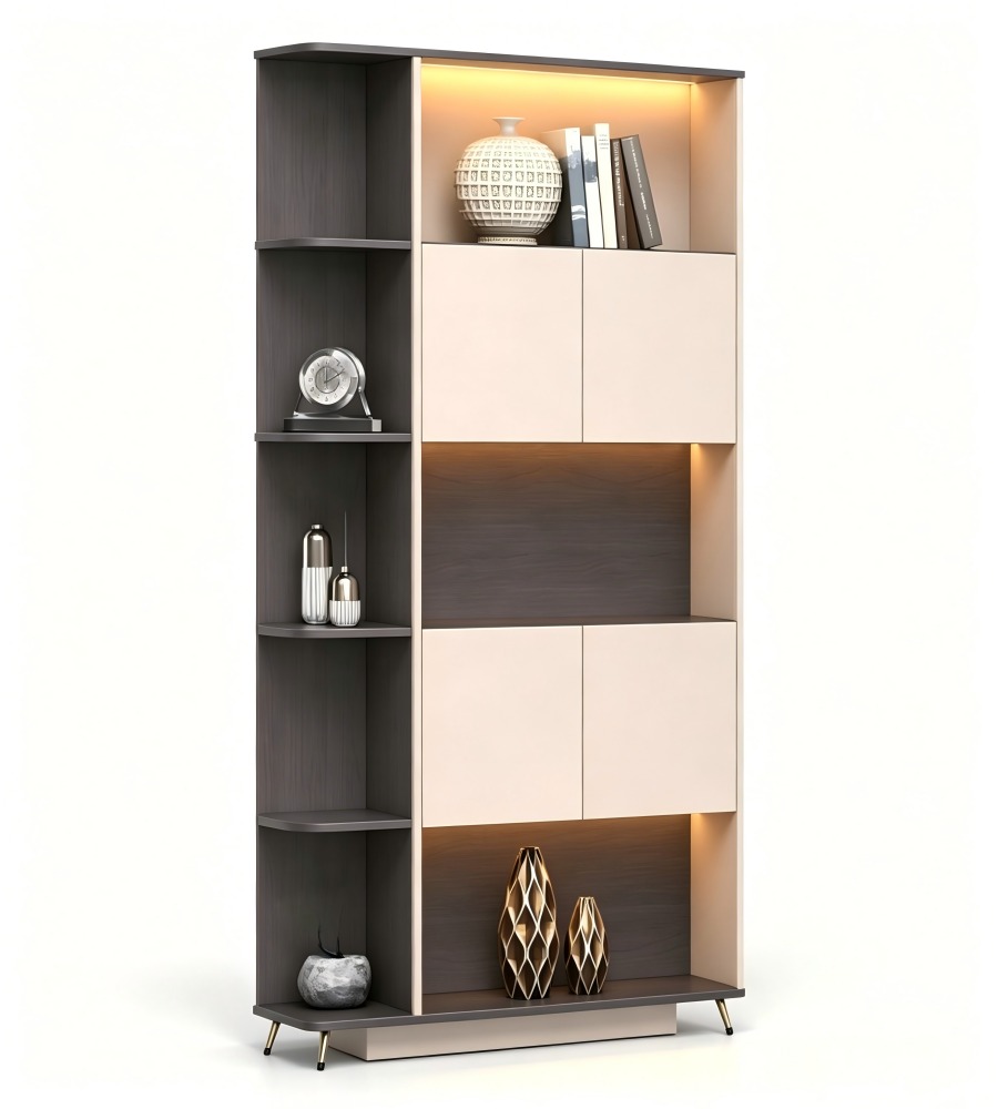 現代輕奢胡桃木色拼卡其灰高身掩門儲物櫃 Modern Luxury Walnut and Khaki Grey Tall Storage Cabinet