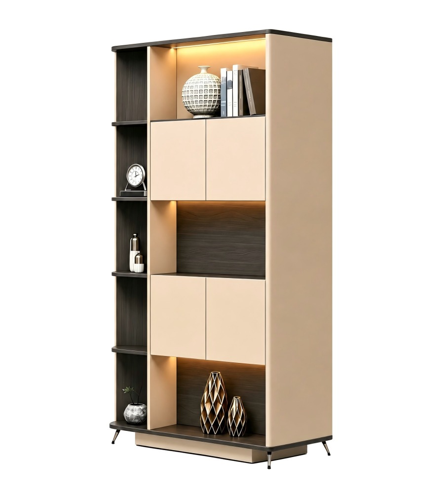 現代輕奢胡桃木色拼卡其灰高身掩門儲物櫃 Modern Luxury Walnut and Khaki Grey Tall Storage Cabinet