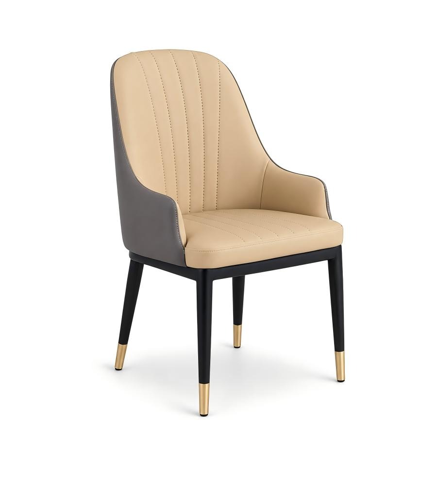現代輕奢米灰雙拼西皮帶扶手金屬腳餐椅 Modern Luxury Two-Tone PU Leather Metal Leg Dining Chair with Armrests