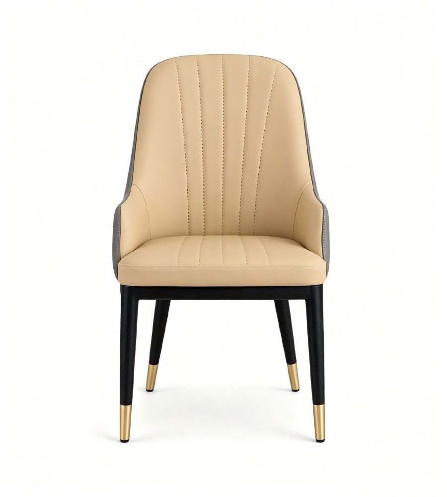 現代輕奢米灰雙拼西皮帶扶手金屬腳餐椅 Modern Luxury Two-Tone PU Leather Metal Leg Dining Chair with Armrests