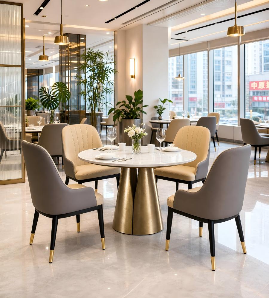 現代輕奢米灰雙拼西皮帶扶手金屬腳餐椅 Modern Luxury Two-Tone PU Leather Metal Leg Dining Chair with Armrests