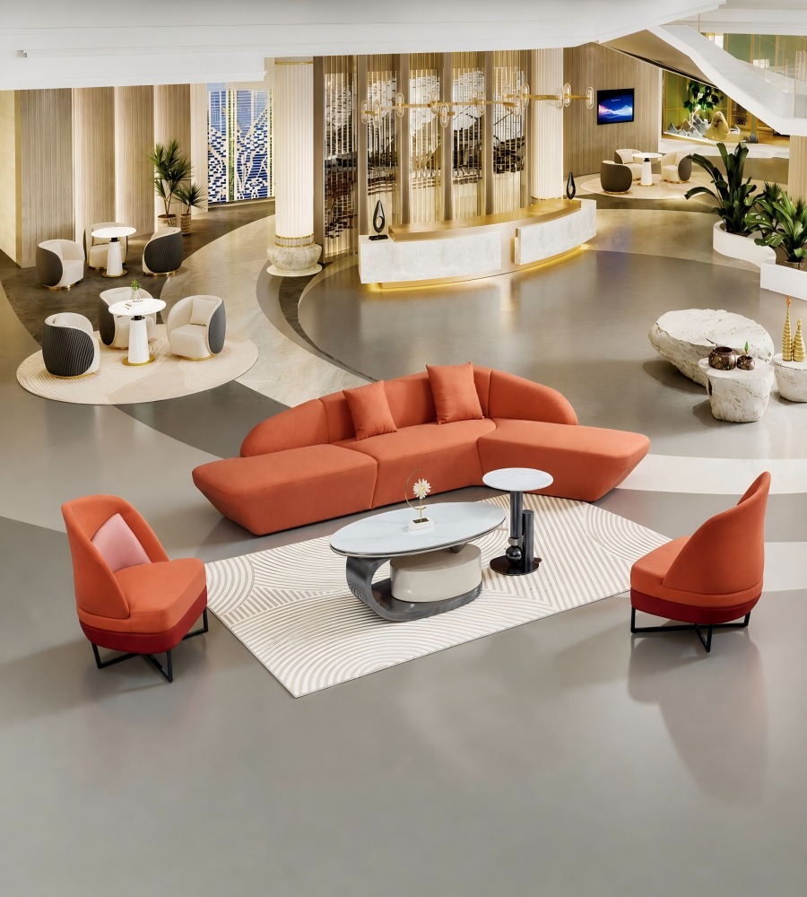 現代創意橙色布藝弧形三座位梳化 Modern Creative Orange Fabric Curved 3-Seater Sofa