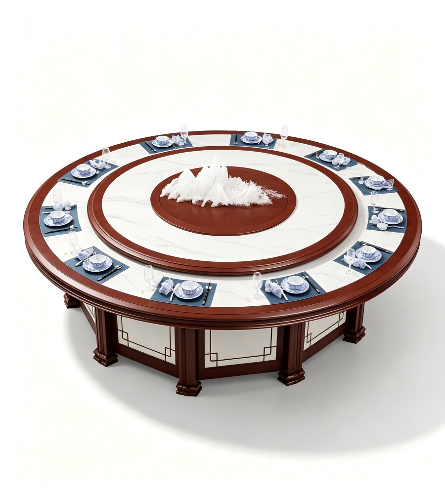 新中式大理石實木電動圓檯 New Chinese-Style Marble & Solid Wood Electric Round Table