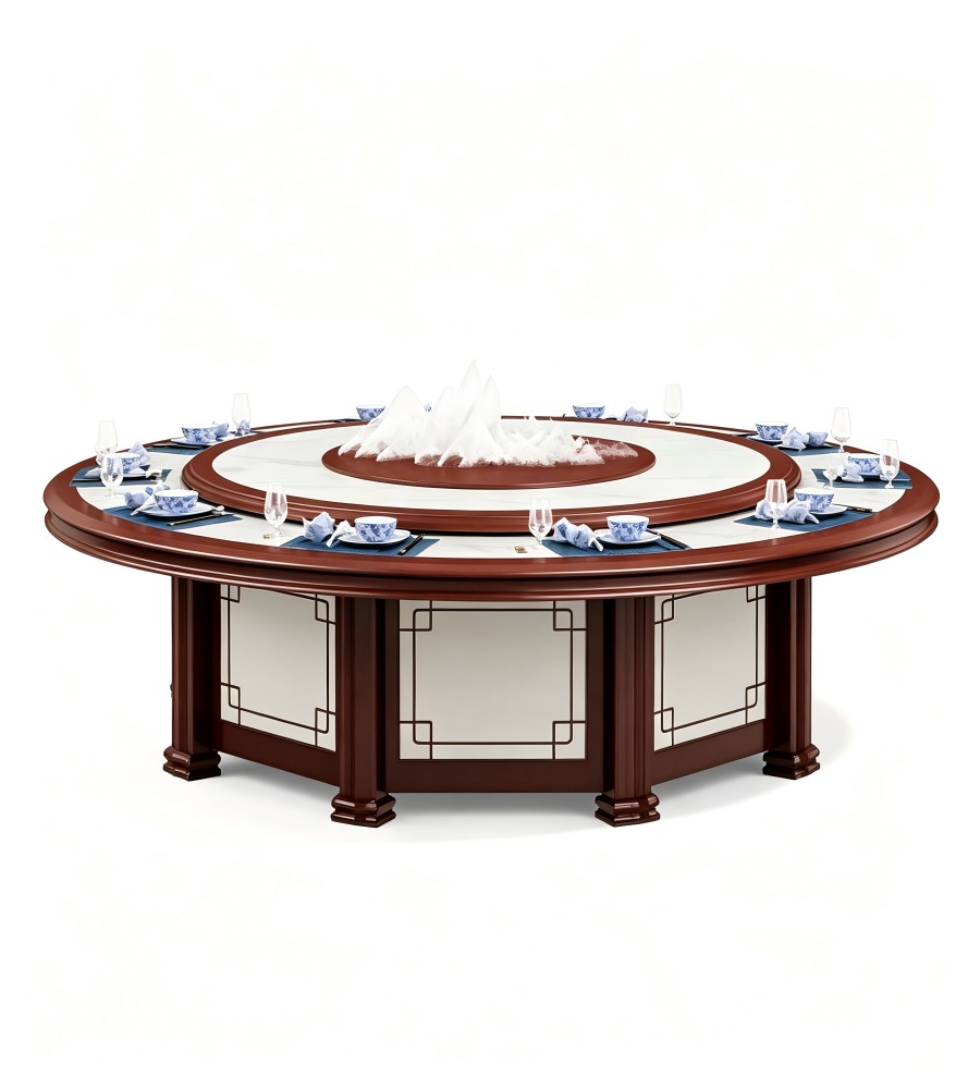 新中式大理石實木電動圓檯 New Chinese-Style Marble & Solid Wood Electric Round Table