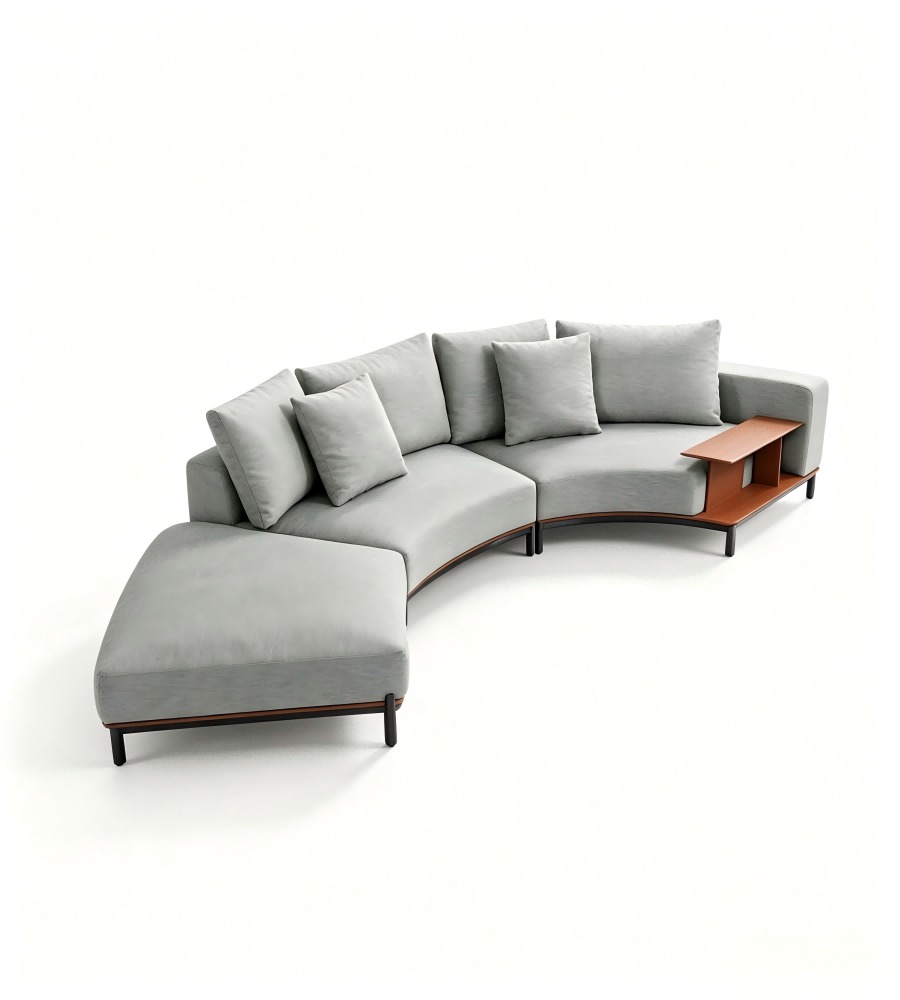 現代輕奢灰色布藝弧形帶邊櫃L形梳化 Modern Light Luxury Grey Fabric Curved L-Shaped Sofa with Side Table