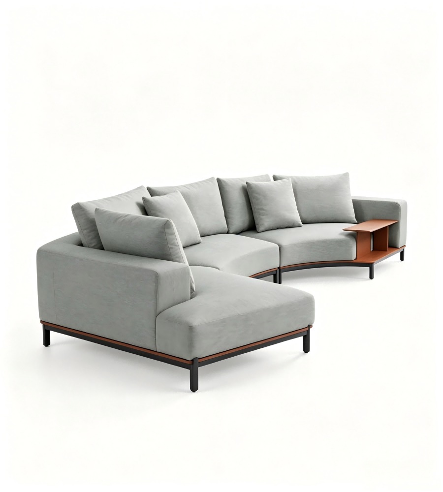 現代輕奢灰色布藝弧形帶邊櫃L形梳化 Modern Light Luxury Grey Fabric Curved L-Shaped Sofa with Side Table