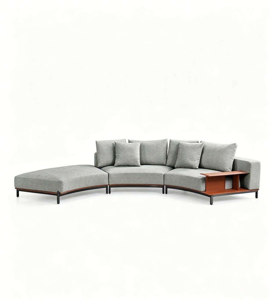 現代輕奢灰色布藝弧形帶邊櫃L形梳化 Modern Light Luxury Grey Fabric Curved L-Shaped Sofa with Side Table
