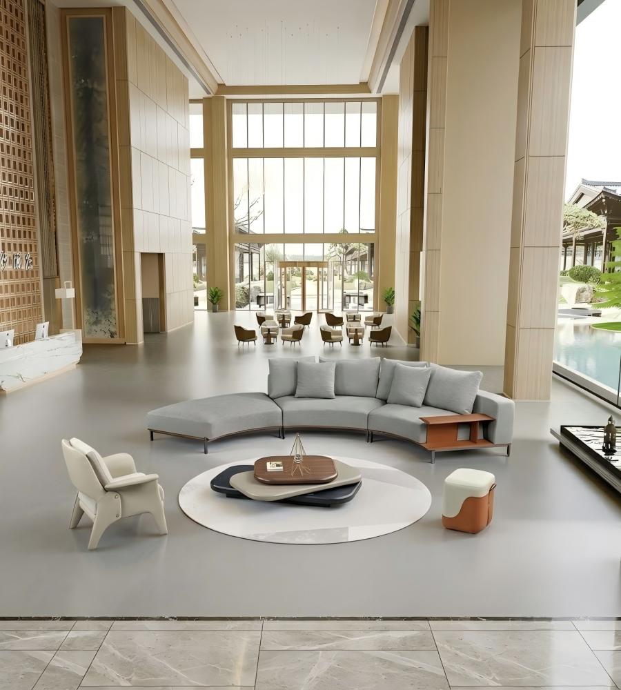 現代輕奢灰色布藝弧形帶邊櫃L形梳化 Modern Light Luxury Grey Fabric Curved L-Shaped Sofa with Side Table