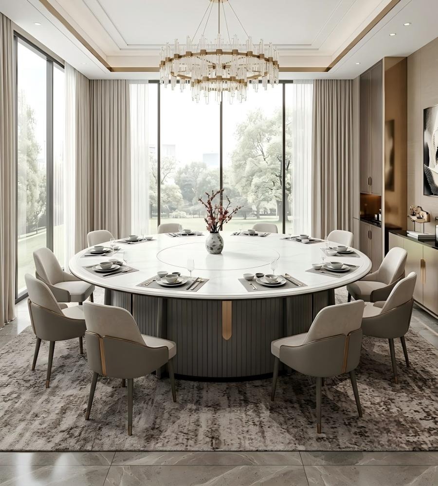 斜紋藝術拼接電動圓餐檯 Diagonal-Patterned Designer Electric Dining Table