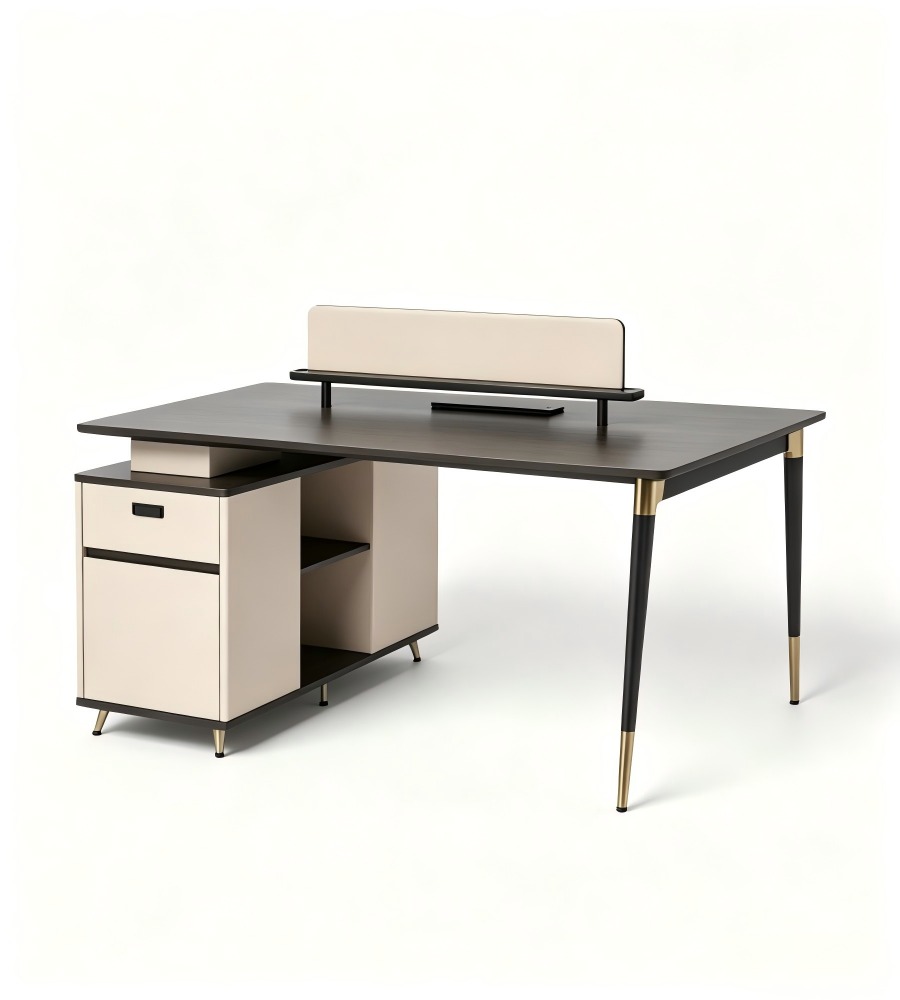 現代深灰拼米色L形帶側櫃辦公枱 Dark Grey and Beige Office Desk with Side Cabinet