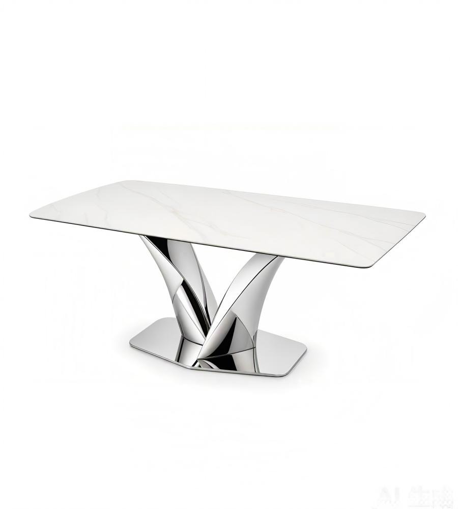 現代白色岩板不銹鋼亮光腳長方形餐枱 Modern White Sintered Stone Dining Table