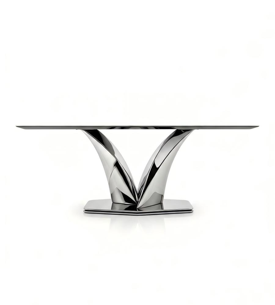 現代白色岩板不銹鋼亮光腳長方形餐枱 Modern White Sintered Stone Dining Table