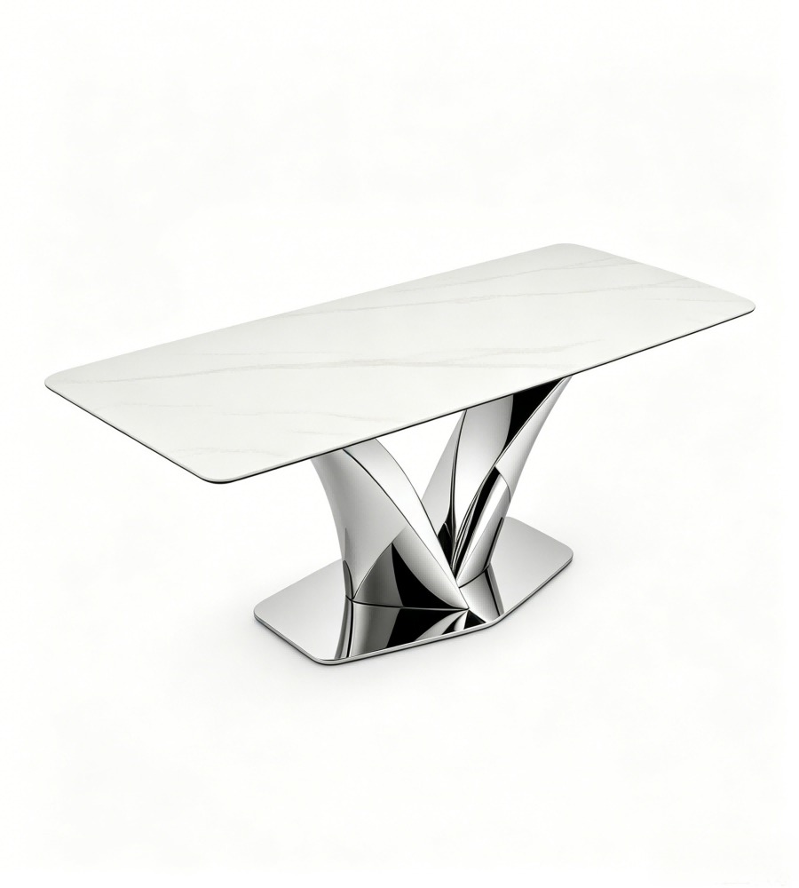 現代白色岩板不銹鋼亮光腳長方形餐枱 Modern White Sintered Stone Dining Table