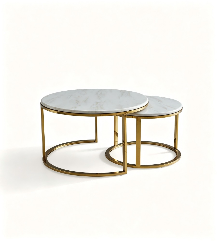 輕奢白色岩板金色金屬腳組合型圓形茶几 Light Luxury Sintered Stone Round Coffee Table