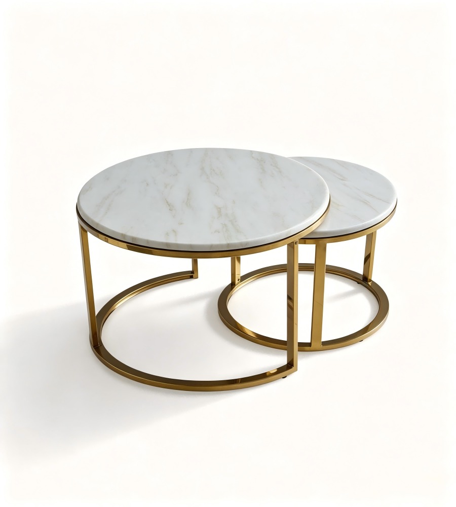 輕奢白色岩板金色金屬腳組合型圓形茶几 Light Luxury Sintered Stone Round Coffee Table