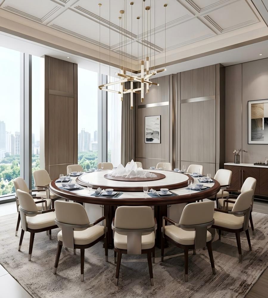 新中式大理石實木電動圓檯 New Chinese-Style Marble & Solid Wood Electric Round Table
