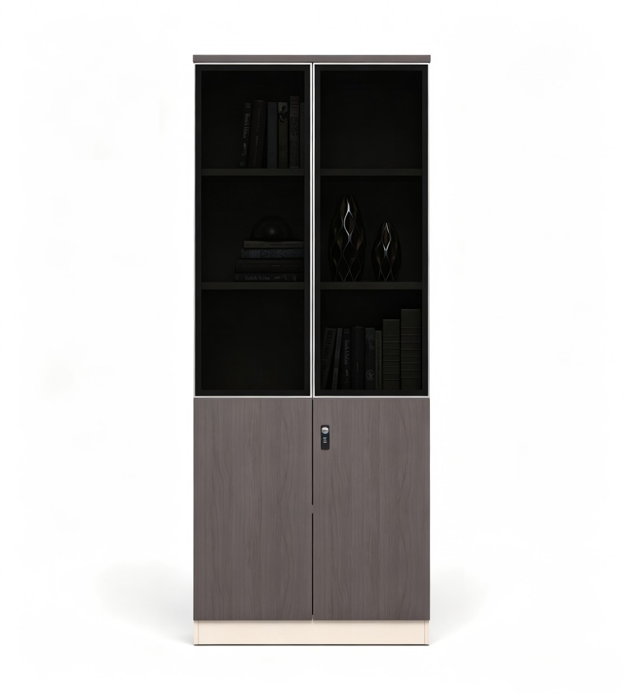 現代商務胡桃木色拼卡其灰高身帶鎖文件櫃 Modern Business Walnut and Khaki Grey Tall Filing Cabinet with Lock