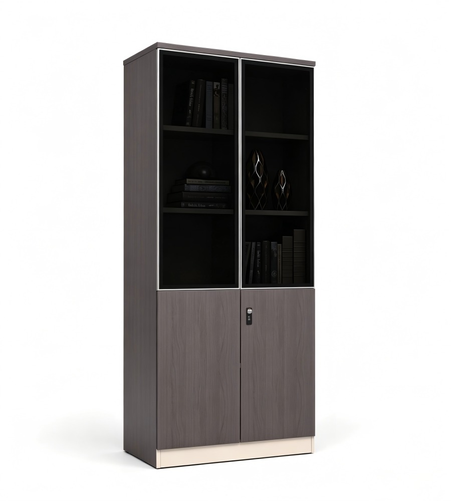 現代商務胡桃木色拼卡其灰高身帶鎖文件櫃 Modern Business Walnut and Khaki Grey Tall Filing Cabinet with Lock