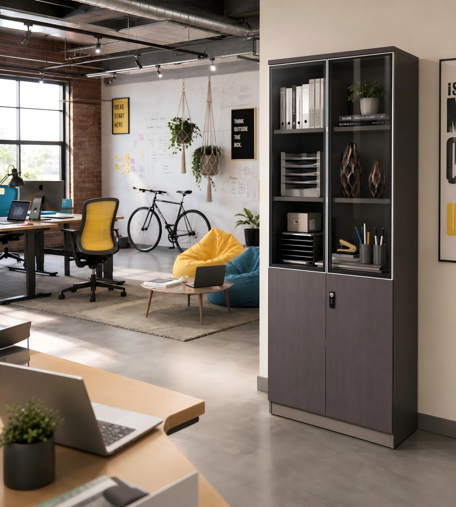 現代商務胡桃木色拼卡其灰高身帶鎖文件櫃 Modern Business Walnut and Khaki Grey Tall Filing Cabinet with Lock
