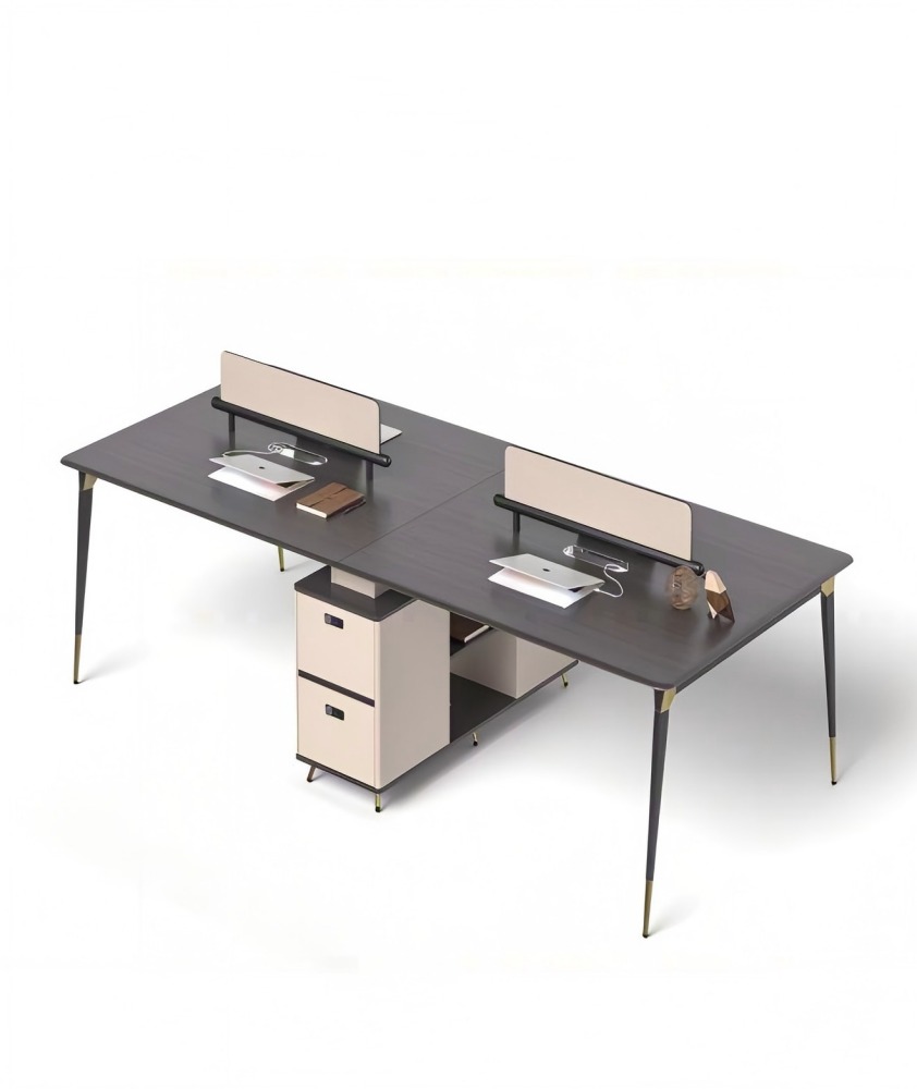 輕奢深木色鋼架雙人帶櫃桶辦公枱 Light Luxury Dark Wood Steel Frame 2-Person Office Desk with Cabinet