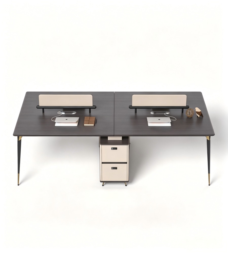 輕奢深木色鋼架雙人帶櫃桶辦公枱 Light Luxury Dark Wood Steel Frame 2-Person Office Desk with Cabinet
