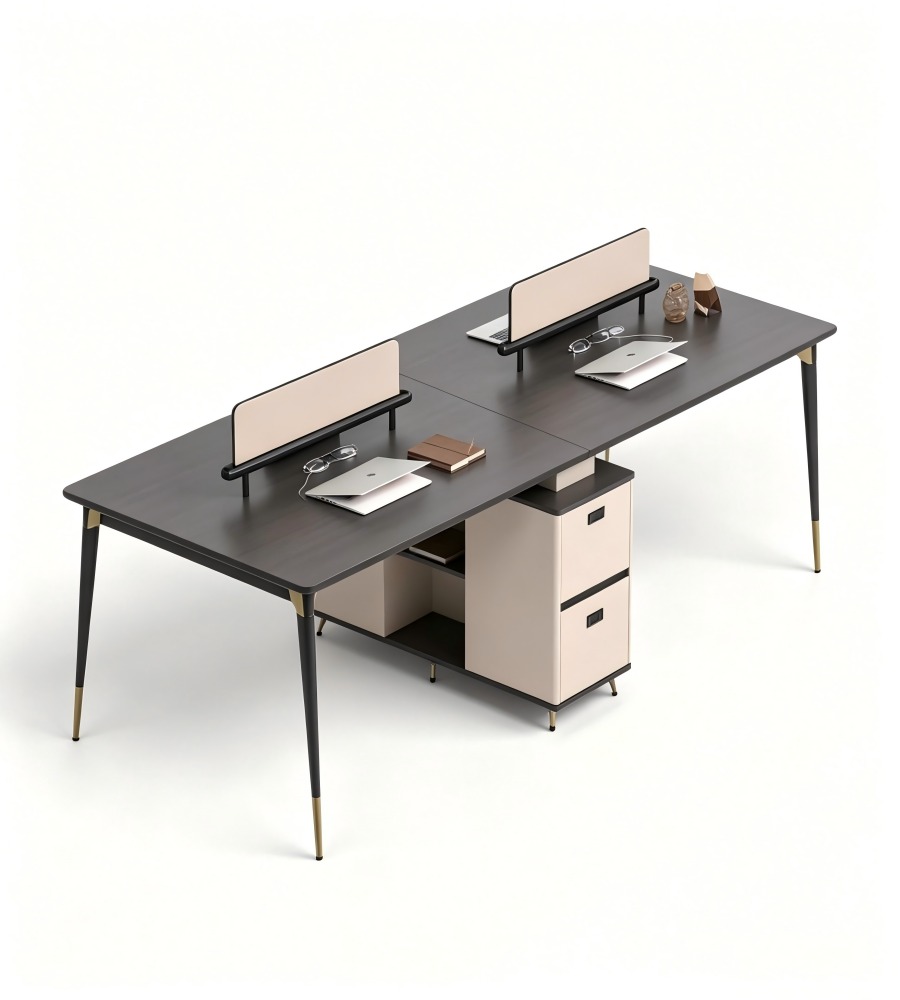 輕奢深木色鋼架雙人帶櫃桶辦公枱 Light Luxury Dark Wood Steel Frame 2-Person Office Desk with Cabinet
