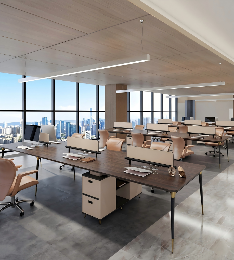 輕奢深木色鋼架雙人帶櫃桶辦公枱 Light Luxury Dark Wood Steel Frame 2-Person Office Desk with Cabinet