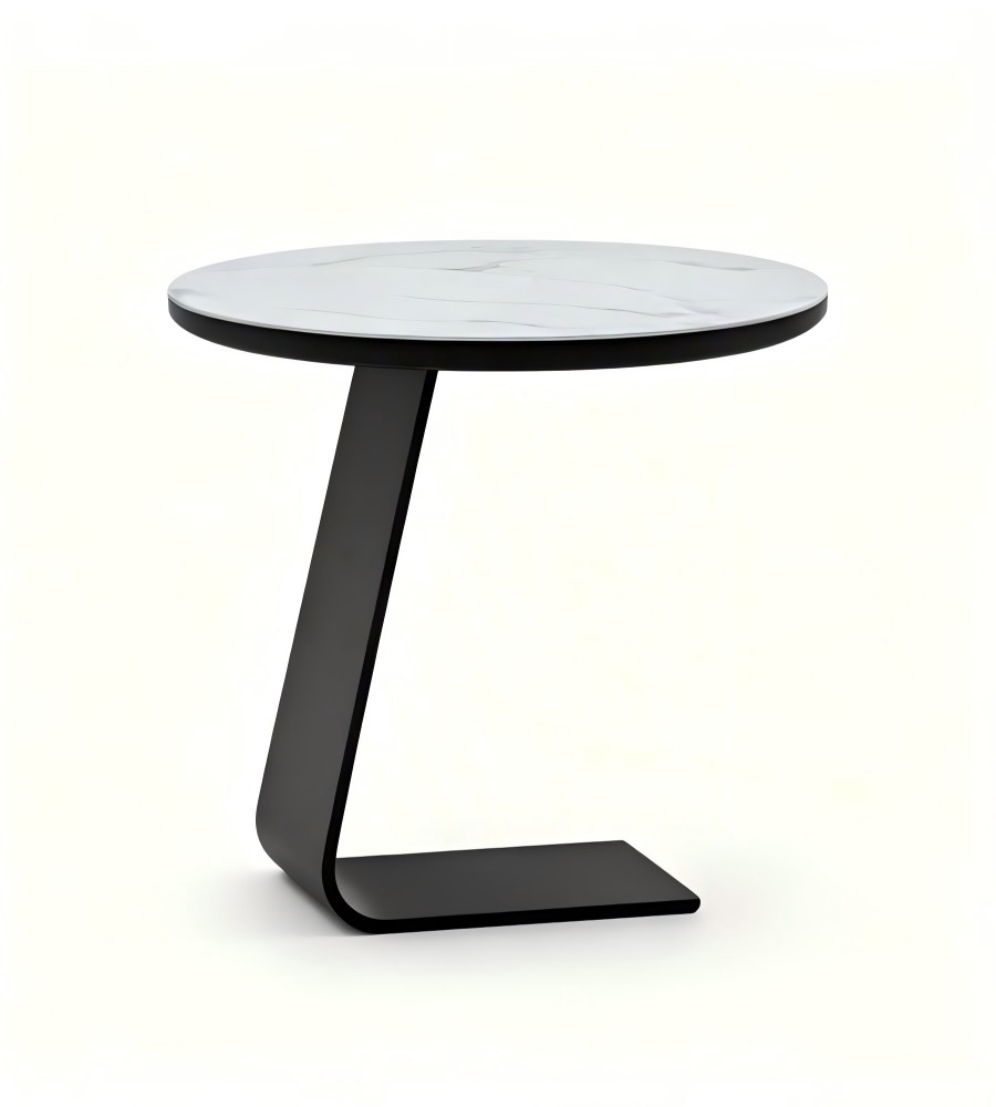 白色岩板黑色金屬腳圓形梳化茶几 White Sintered Stone Black Metal Round Side Table