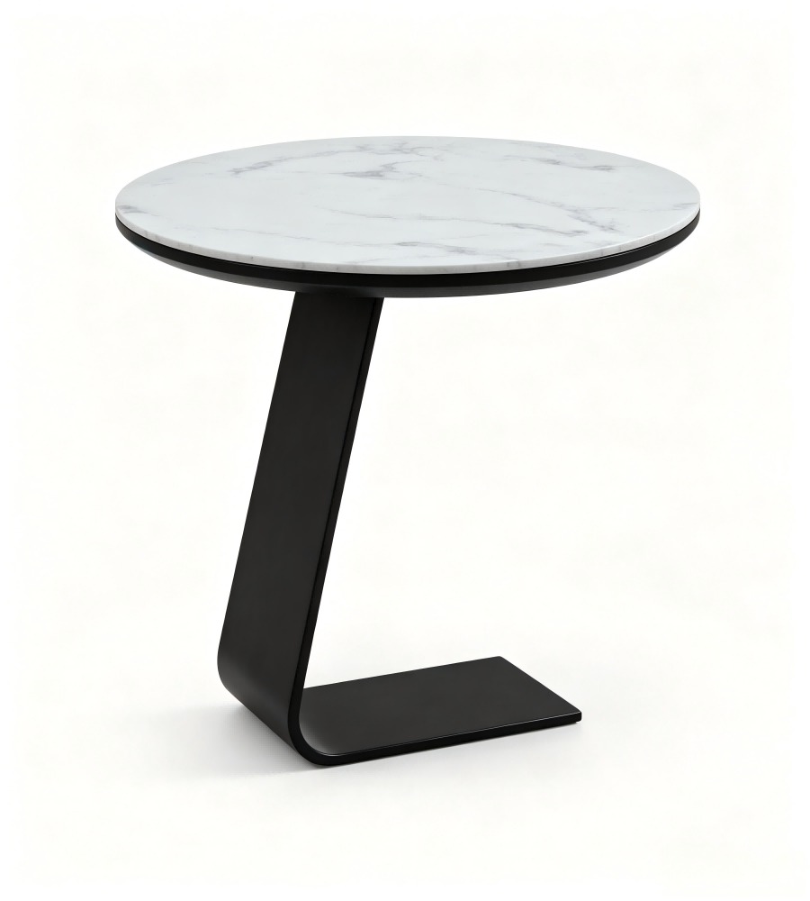 白色岩板黑色金屬腳圓形梳化茶几 White Sintered Stone Black Metal Round Side Table
