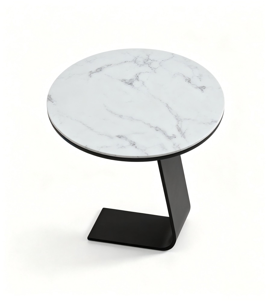 白色岩板黑色金屬腳圓形梳化茶几 White Sintered Stone Black Metal Round Side Table