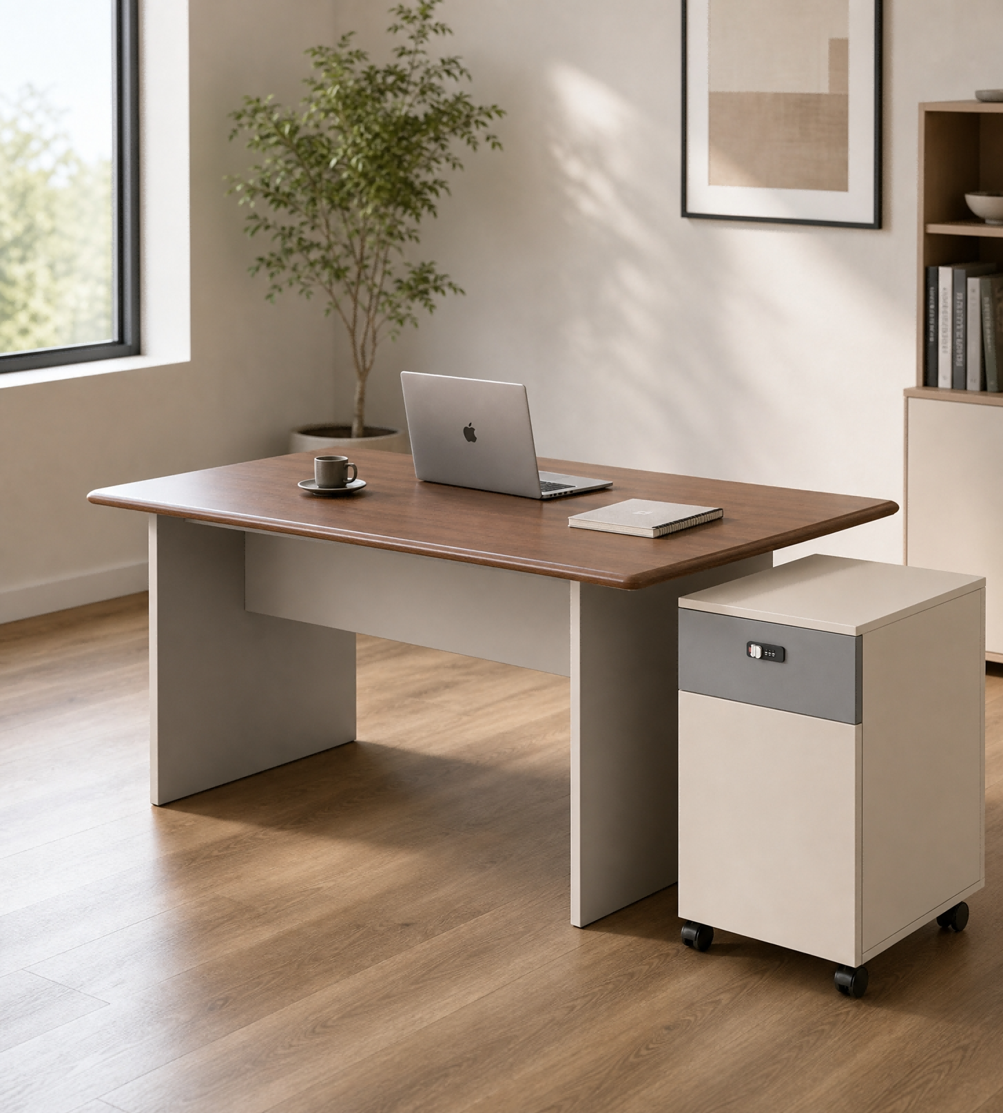 現代米色拼灰色一櫃桶一門密碼鎖帶轆活動櫃 Modern Beige & Grey 1-Drawer 1-Door Mobile Pedestal