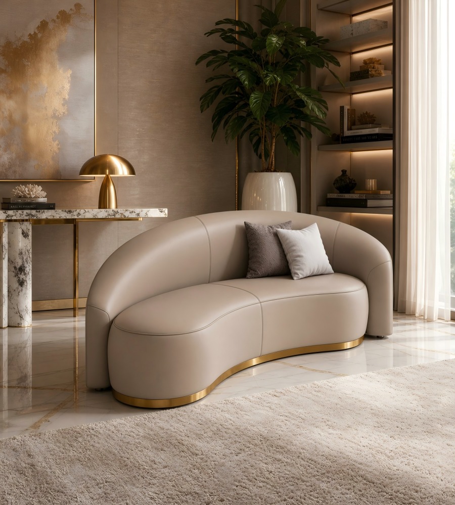 弧形米色仿皮金屬腳雙人辦公梳化 Modern Curved Beige Faux Leather 2-Seater Office Sofa