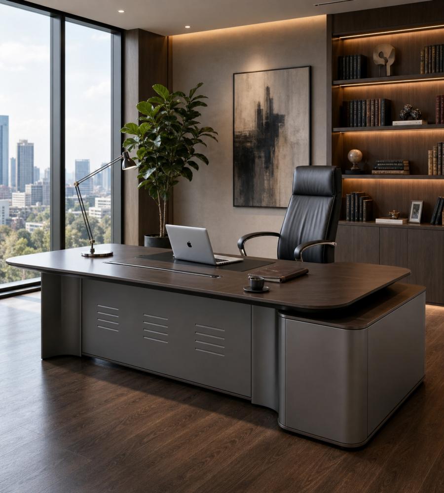商務胡桃木配鐵灰L形帶線盒老闆枱 Business Walnut and Iron Grey L-Shaped Boss Desk