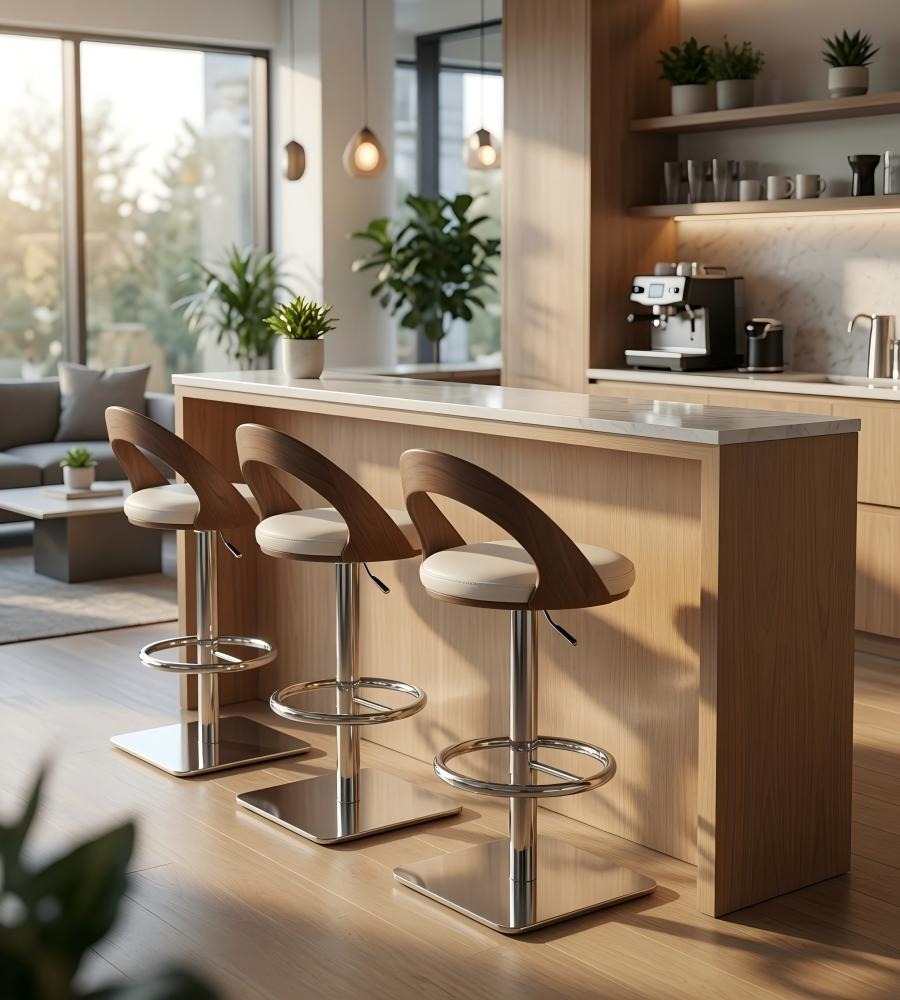 現代輕奢胡桃木色配白色PU皮帶靠背吧椅 Modern Bar Stool